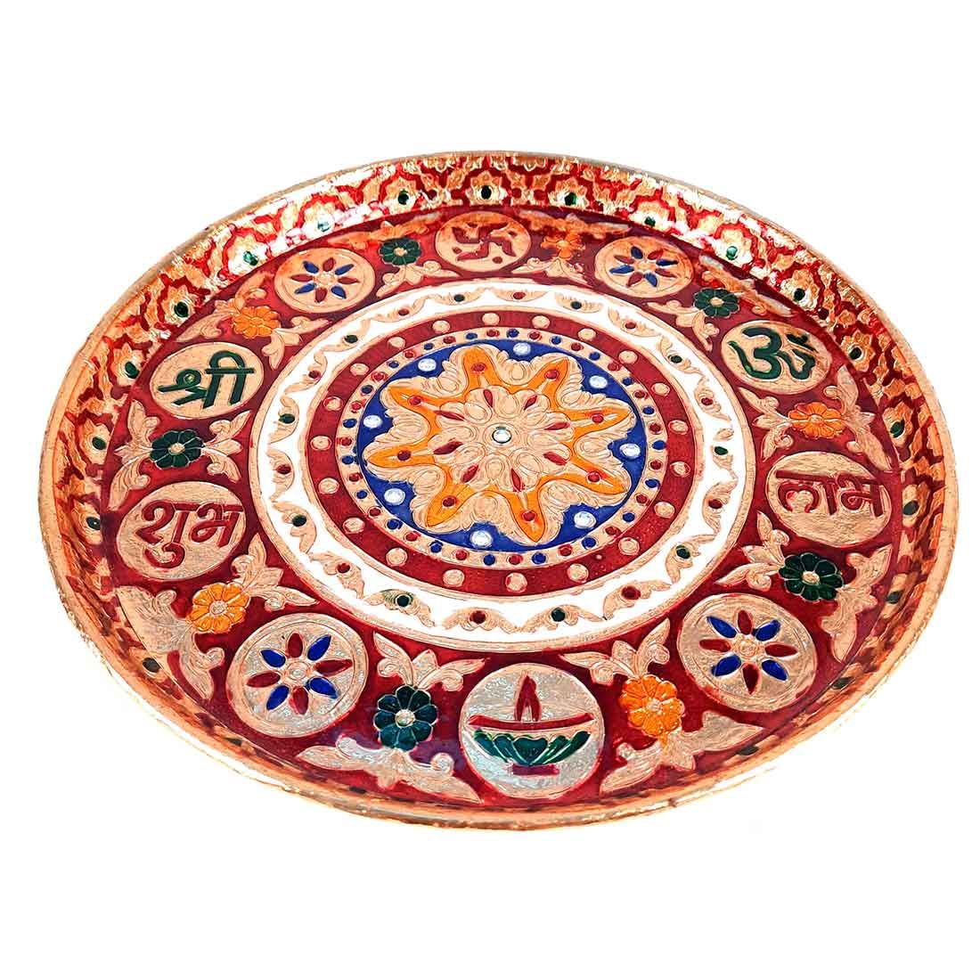Meenakari Puja Thali - Shubh Labh & Peacock Design - For For Pooja, Weddings & Festivals - 12 Inch-Flower