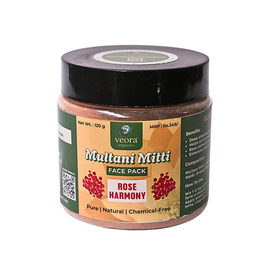 Veora Organics Multani Mitti Face Pack  Rose Harmony | Natural Skin Brightening Face Mask with Rose Petals & Orange Peel | Deep Cleansing, Oil Control & Tan Removal | Pure Chemical-Free Herbal Skincare | 120g
