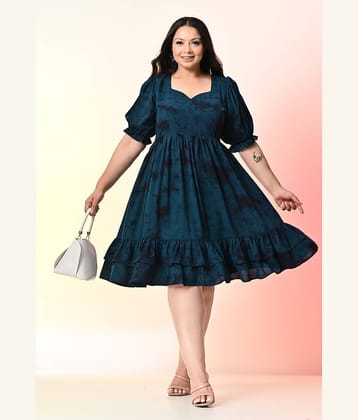 PrettyPlus by Desinoor.com Crepe Printed Knee Length Women's Fit & Flare Dress - Teal ( Pack of 1 )