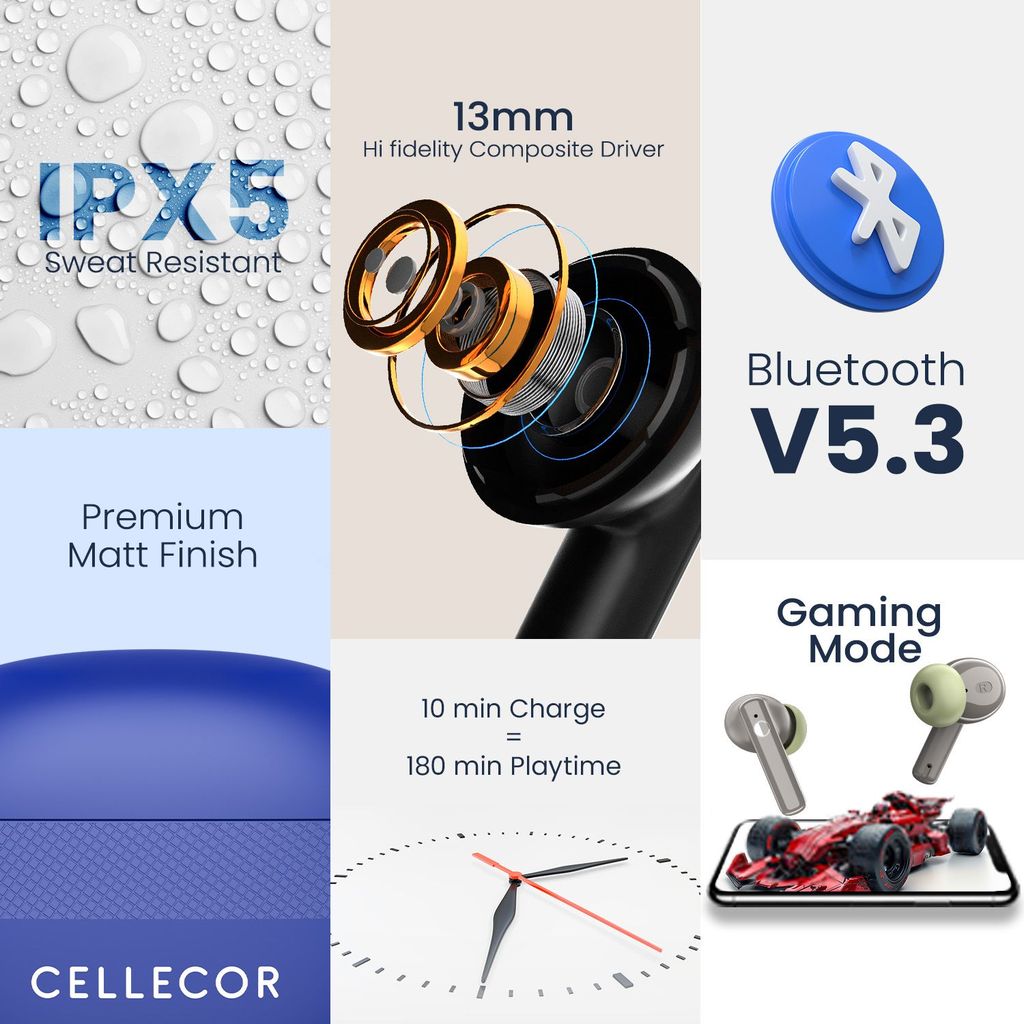 Cellecor BroPods C105 Tune TWS |45H Playtime, ENC, 5.3v, IPX5, 50ms Low Latency Gaming Bluetooth-Blue Grey