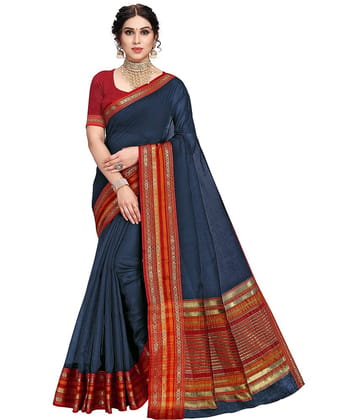 Sidhidata Cotton Silk Saree With Unstitched Blouse Piece ( Blue,Maroon )