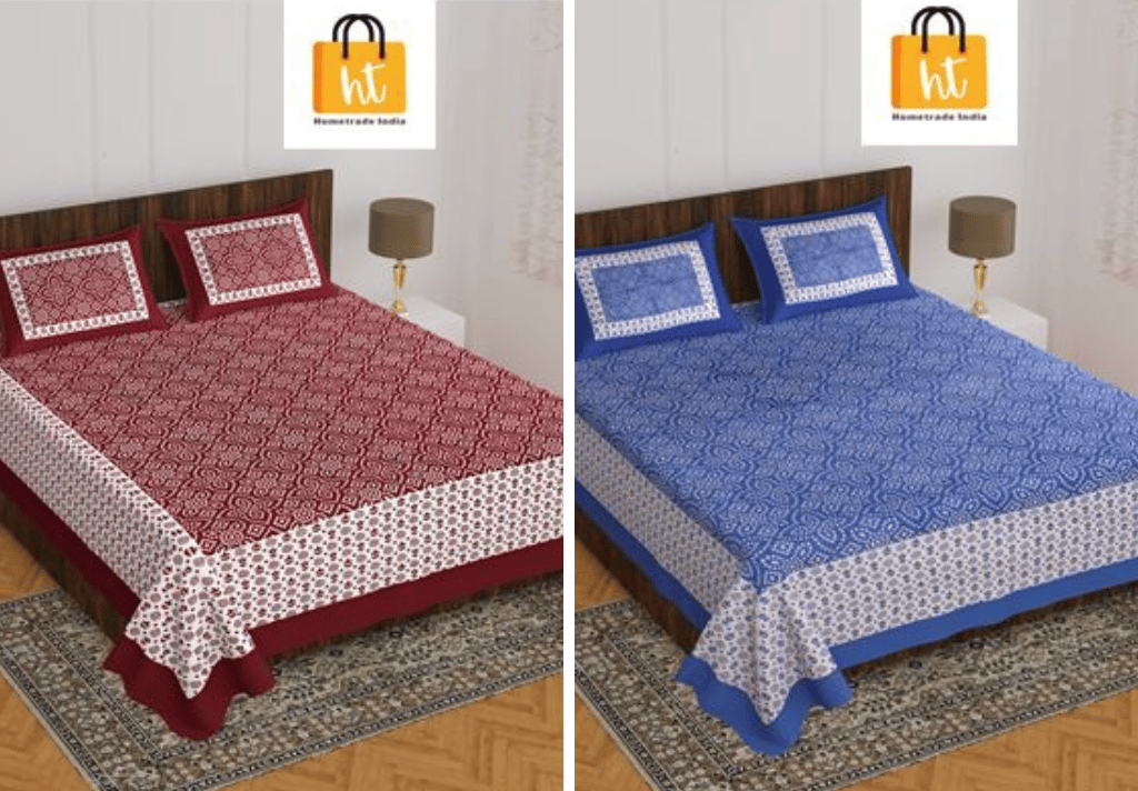 2201-Hometrade India- Standard Double Size (90*100 in )-Combo Jaipuri Double bedsheet With Matching Pillow Cover