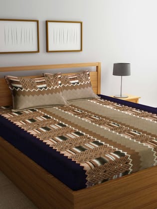 Brown & Navy Blue Geometric 300 TC King Bedsheet with 2 Pillow Covers