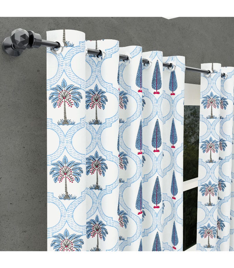 Hand Block Printed Blue Trees & Flowers Cotton Curtains/ Pure Cotton Drapes ( 7 feet )