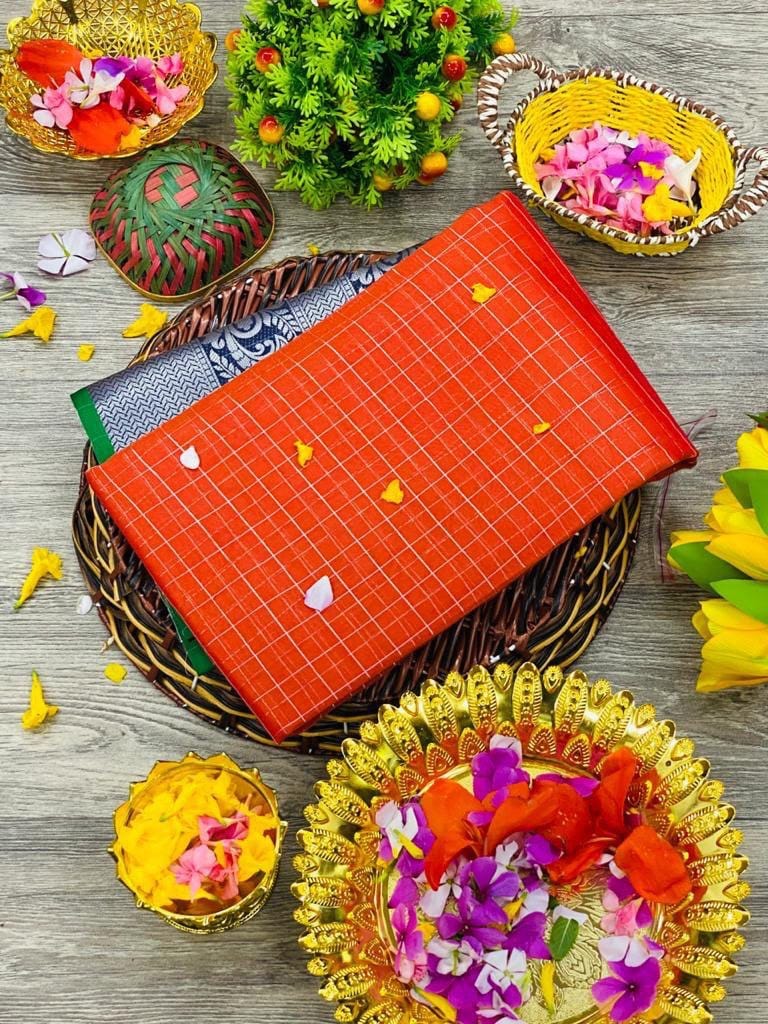 Multicolor Pure Silver Zari Weaving Soft Organza Saree-Orange