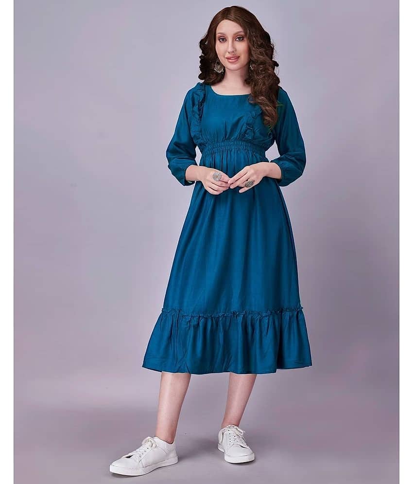 Femvy Women Polyester Solid Fit & Flare Dress ( Blue )