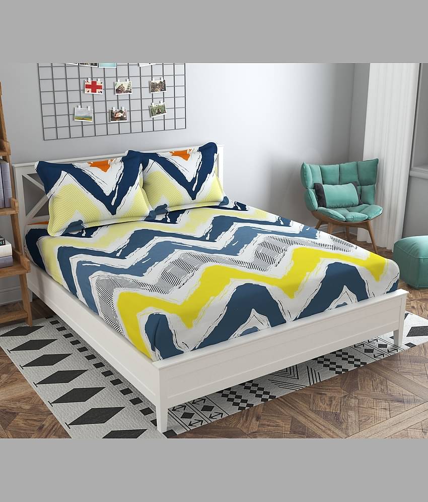 SHOMES Cotton Geometric Printed Fitted 1 Bedsheet with 2 Pillow Covers ( Double Bed ) - Yellow