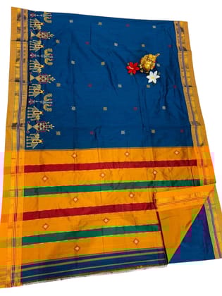 Karnataka Traditional Embroidered Blue Saree with Blouse, Vibrant Blue with Yellow, Green, Red Stripes, 6.2-7.0 Meters Length, Ideal for Festive Occasions, Weddings, and Cultural Celebrations