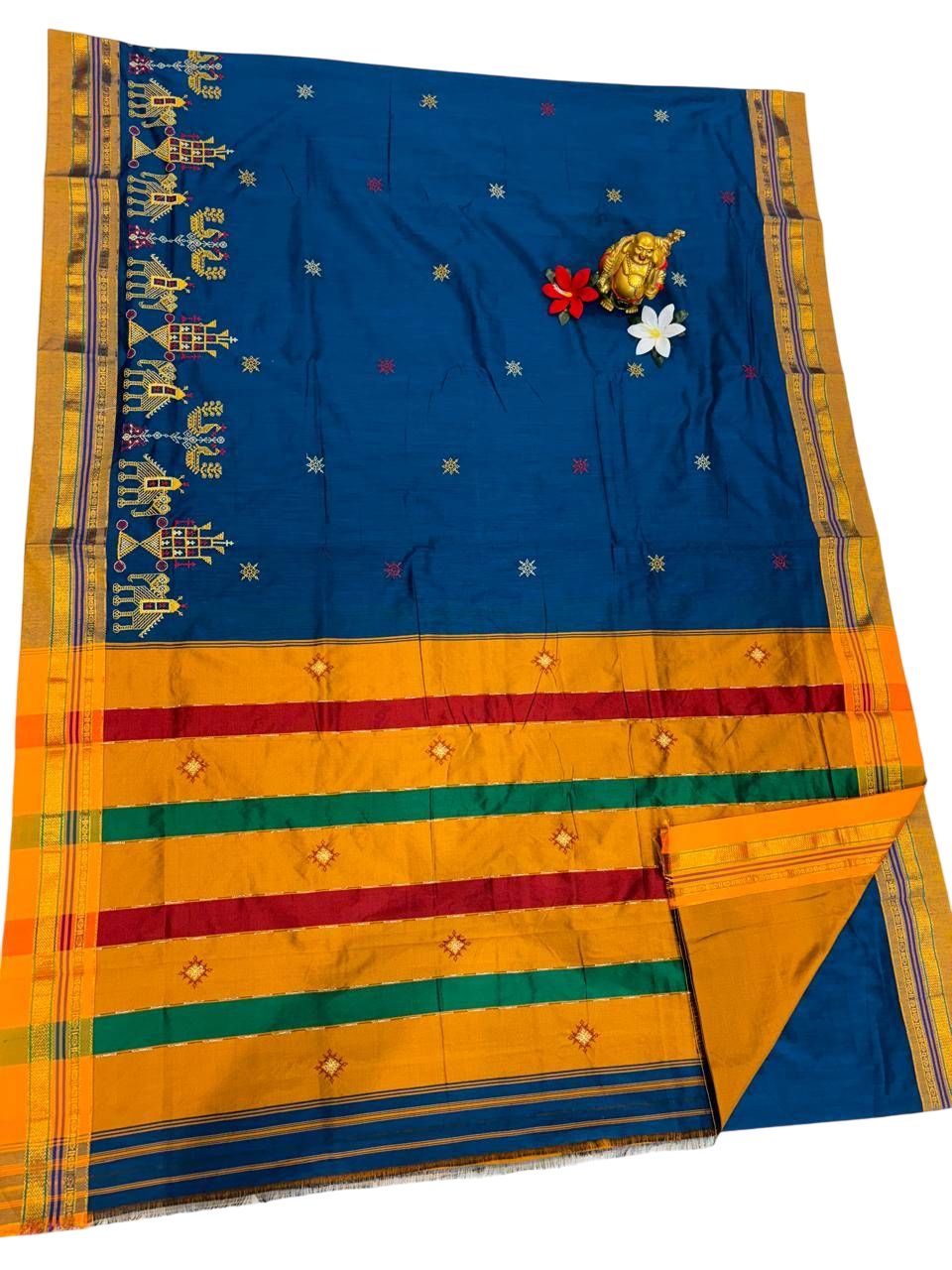 Karnataka Traditional Embroidered Blue Saree with Blouse, Vibrant Blue with Yellow, Green, Red Stripes, 6.2-7.0 Meters Length, Ideal for Festive Occasions, Weddings, and Cultural Celebrations