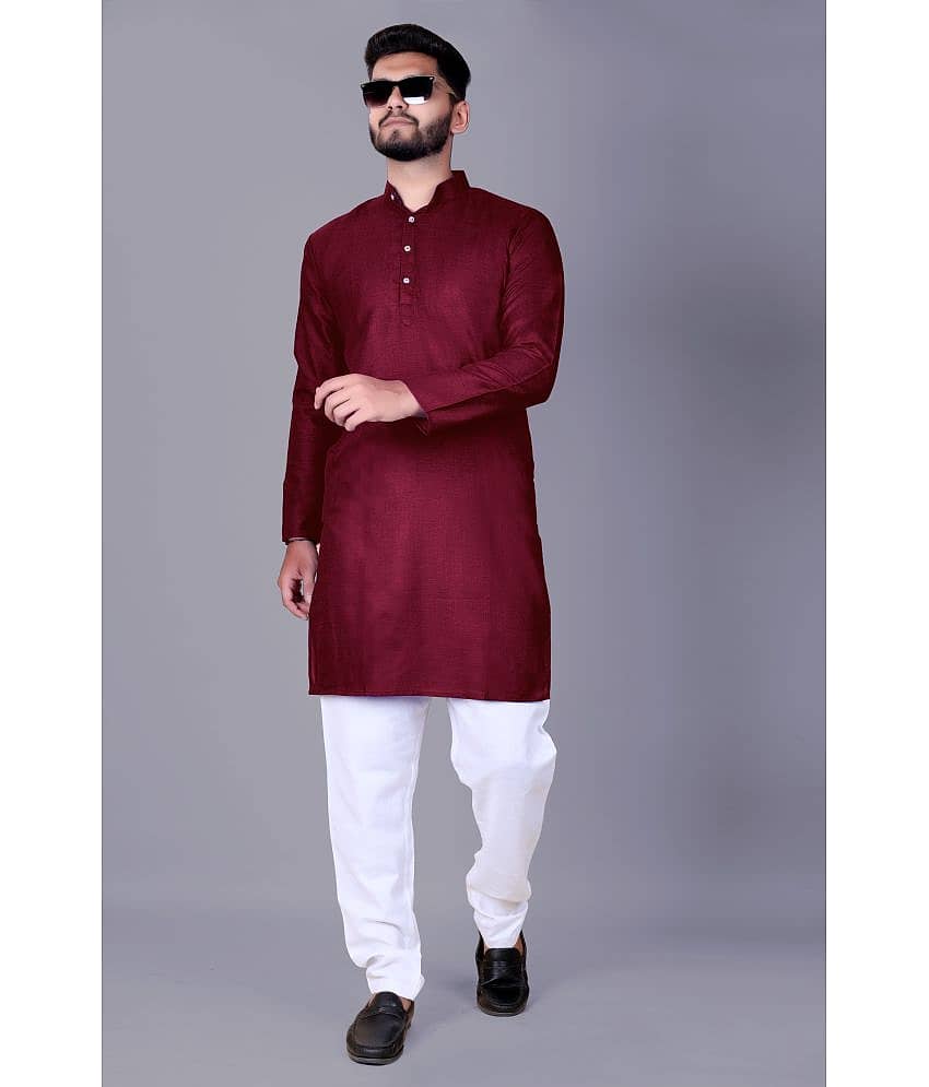 Reyansh Maroon Cotton Blend Regular Fit Men's Kurta Pyjama Set ( Pack of 1 )