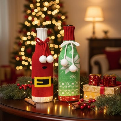 Coral Tree Woolen Christmas Wine Covers – Santa, Snowflake & Reindeer Design