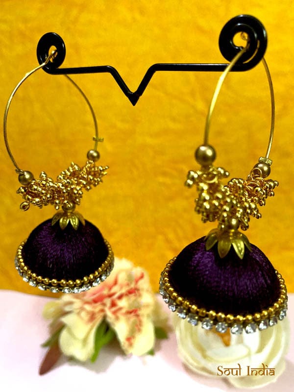 Handmade Silk Thread Beaded Jhumka- Purple