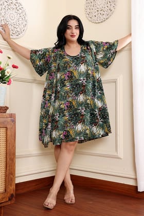 Green Floral Printed Dress with Shrug-L / Green