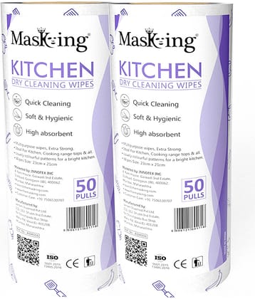 Masking Non-Woven Reusable & Washable Multi Surface Cleaner Wipes Kitchen Dry Roll 23 x 21cm, 100 pulls 358 g Pack of 2