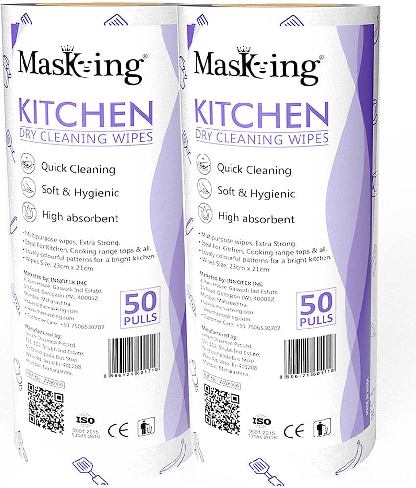 Masking Non-Woven Reusable & Washable Multi Surface Cleaner Wipes Kitchen Dry Roll 23 x 21cm, 100 pulls 358 g Pack of 2