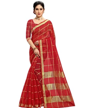 Generic Women's Kota Doria Cotton Checked Saree With Blouse (Red, 5-6  Mtr)