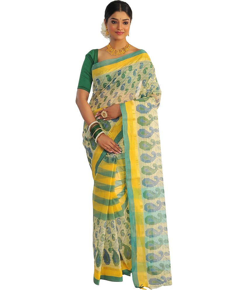 RAJ SAREE HOUSE Cotton Blend Self Design Tant Saree Without Blouse Piece ( Cream )