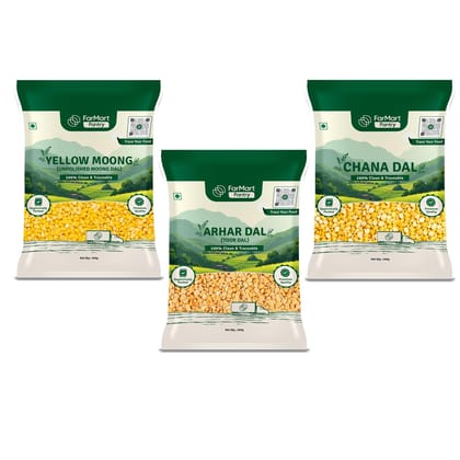 FarMart Pantry Essentials Dal - Chana Dal, Toor Dal & Yellow Moong Dal| Pure & Unpolished | Rich in Taste & Nutrition