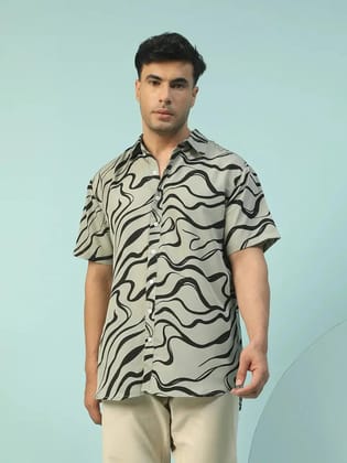 Alpha Green Swril Print Collared Short Sleeve Men Oversized Shirt