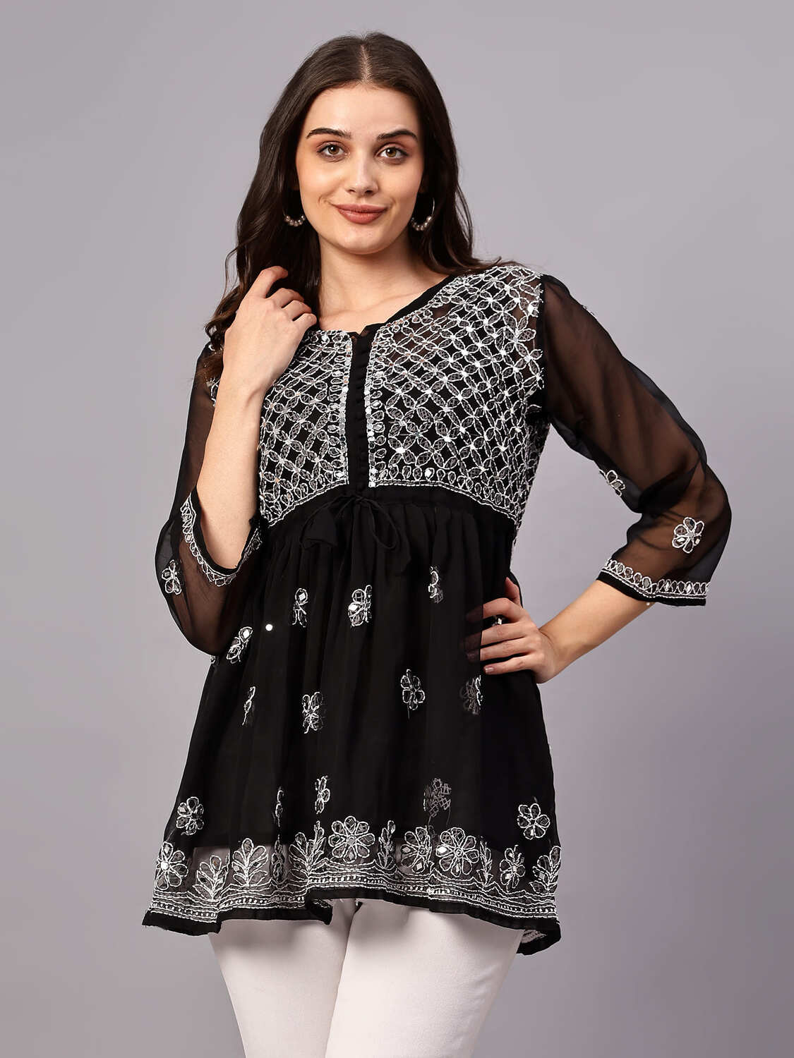 MRS RIGHT CHIKANKARI GEORGETTE FABRIC MIRROR EMBROIDERED BLACK SHORT TOP FROCK KURTI