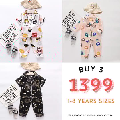 3 NIGHT SUITS COMBO FOR BOYS AND GIRLS (PRINTED DESIGN BLACK WHITE PEACH)-1-2 YEARS
