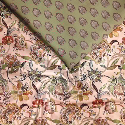 Peachy Pink Floral Satin Linen Fabric unstitch suit set