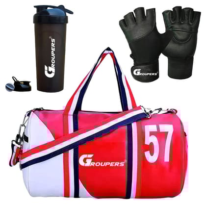 GROUPERS Duffle PU Leather Bag with Wrist BandlGym Bags(5N-SWSD-GLVS-57-RDWHT) GROUPERS Duffle PU Leather Bag with Wrist BandlGym Bags(5N-SWSD-GLVS-57-RDWHT)