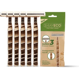 (Pack of 5) SHAVECO Mens Bamboo Disposable Razor 3 Blades, Pivoting Head, Lubricating Strip