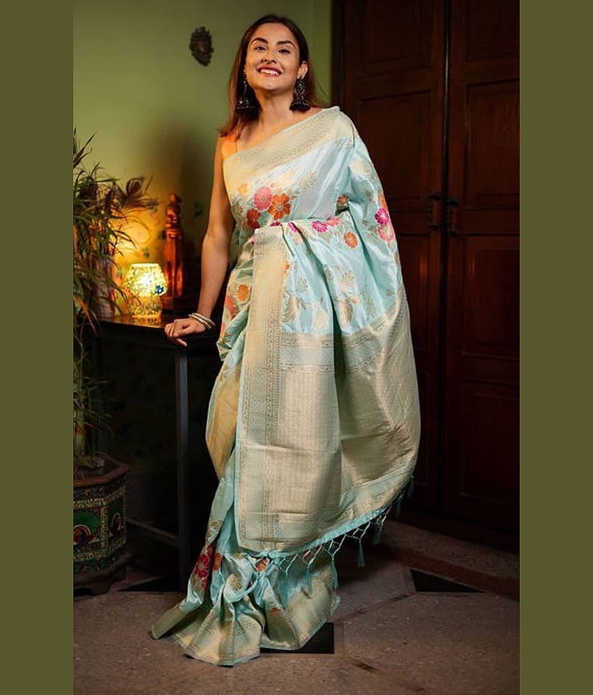 Rameshwaram creative Silk Woven Banarasi saree With Unstitched Blouse Piece ( Sky Blue )