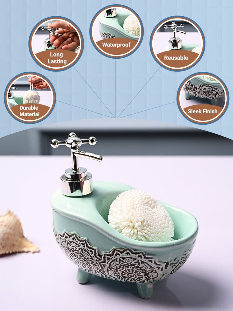 Ceramic Teal Green Bath Tub Shaped Soap Dispenser - Embossed Glossy Finish
