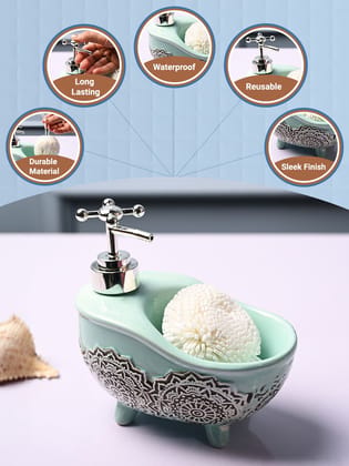 Ceramic Teal Green Bath Tub Shaped Soap Dispenser - Embossed Glossy Finish