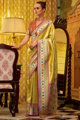 Dull Yellow Zari Woven Tissue Silk Saree