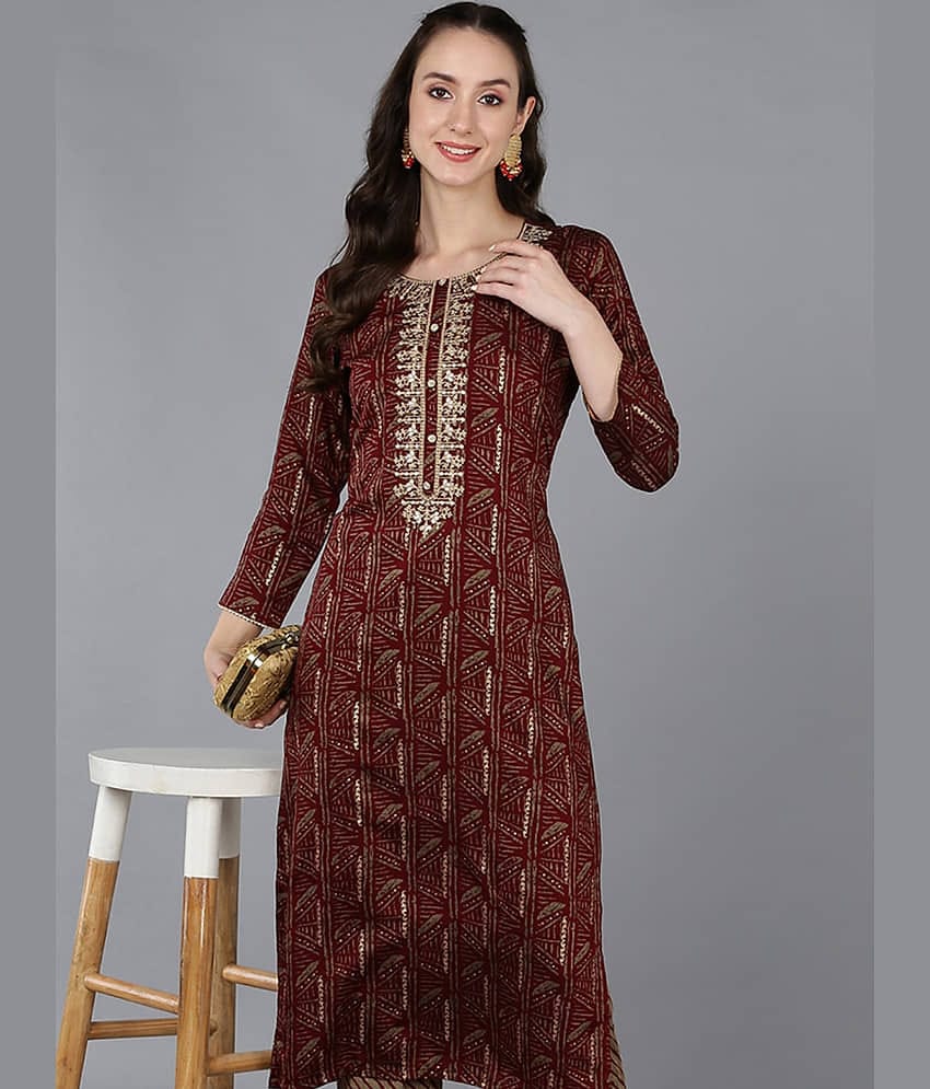 Vaamsi Pack of 1 Silk Blend Printed Straight Women's Kurti - ( Maroon )