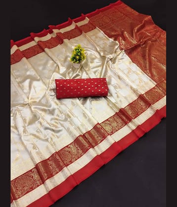 Kanooda Prints Art Silk Printed Saree With Unstitched Blouse Piece ( White )