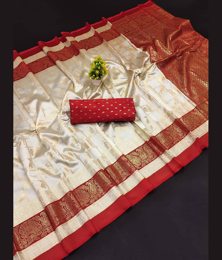 Kanooda Prints Art Silk Printed Saree With Unstitched Blouse Piece ( White )