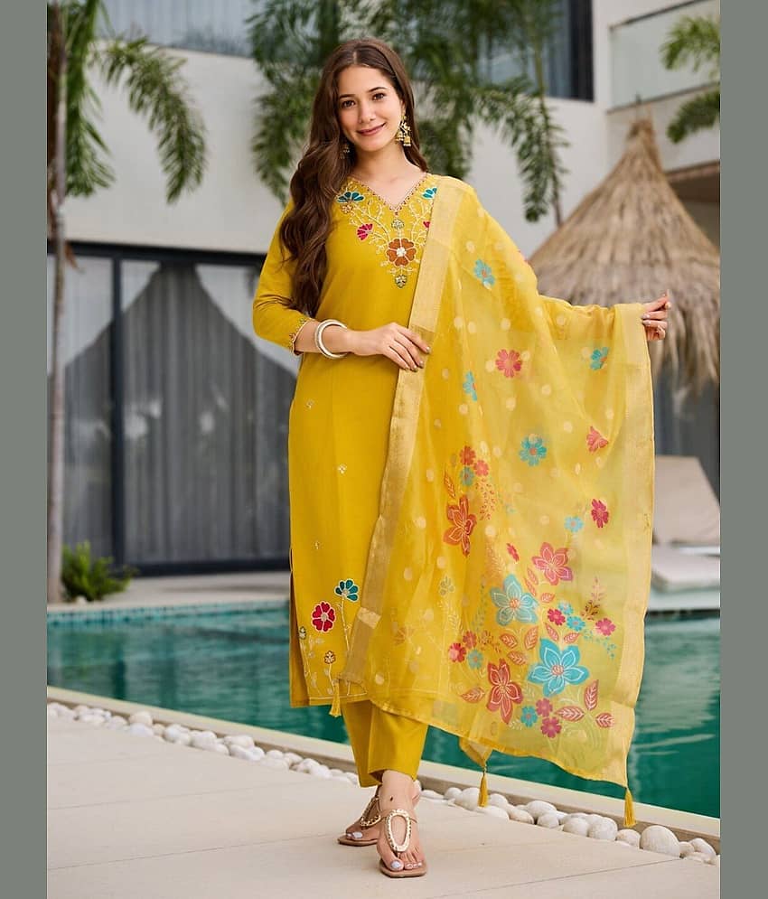 TRAHIMAM Women Viscose Embroidered Straight Kurti With Pants ( Yellow )