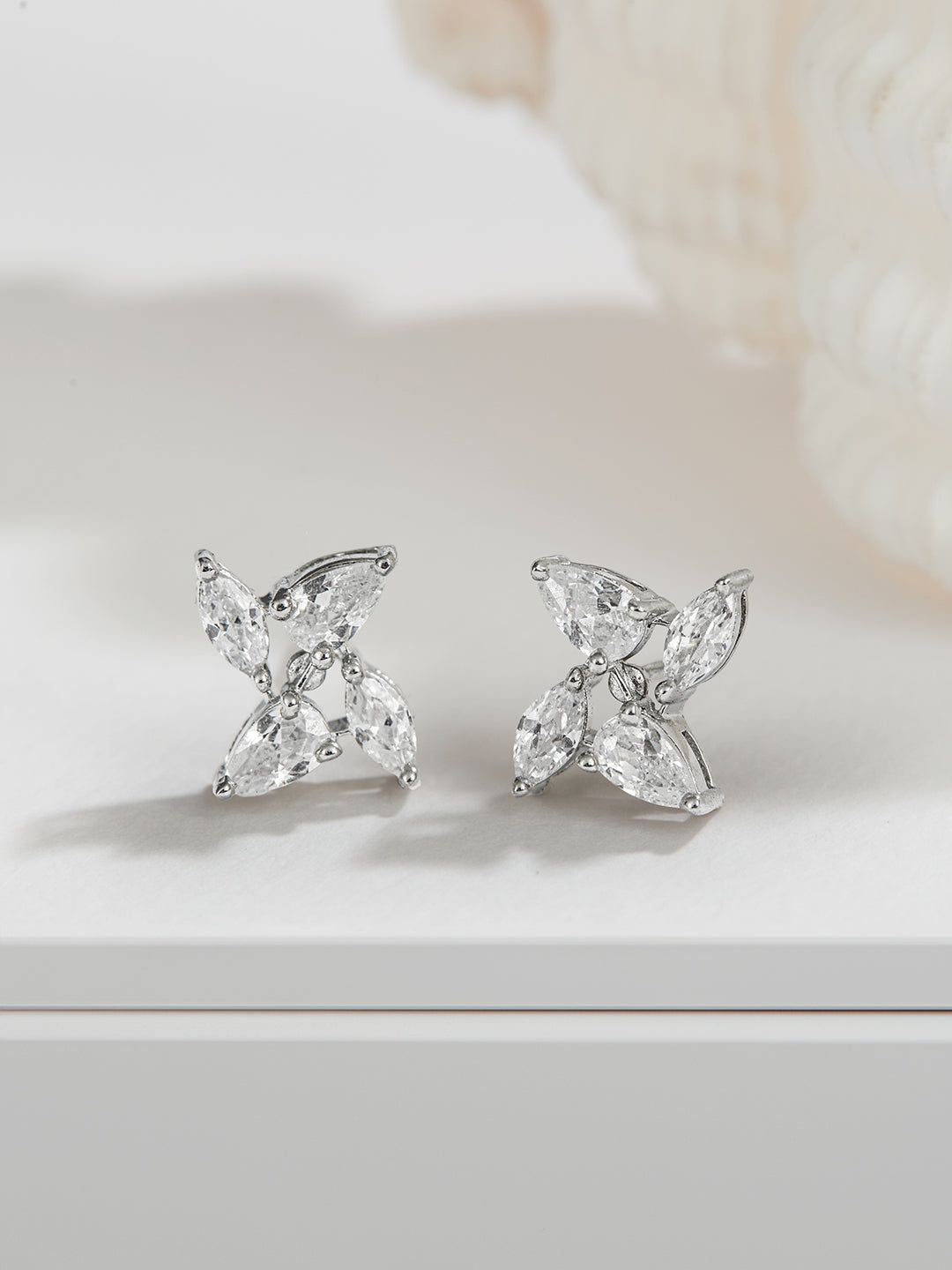 925 Sterling Silver White CZ studded Rhodium Plated Floret Studds Earrings