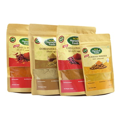 Manackal Foods Kitchen Essentials Spice Combo (Pack of 4) Pure & Natural Kashmiri Chilli Powder250g, Normal Red Chilli Powder250g, Coriander Powder-250g  & Turmeric Powder-100g