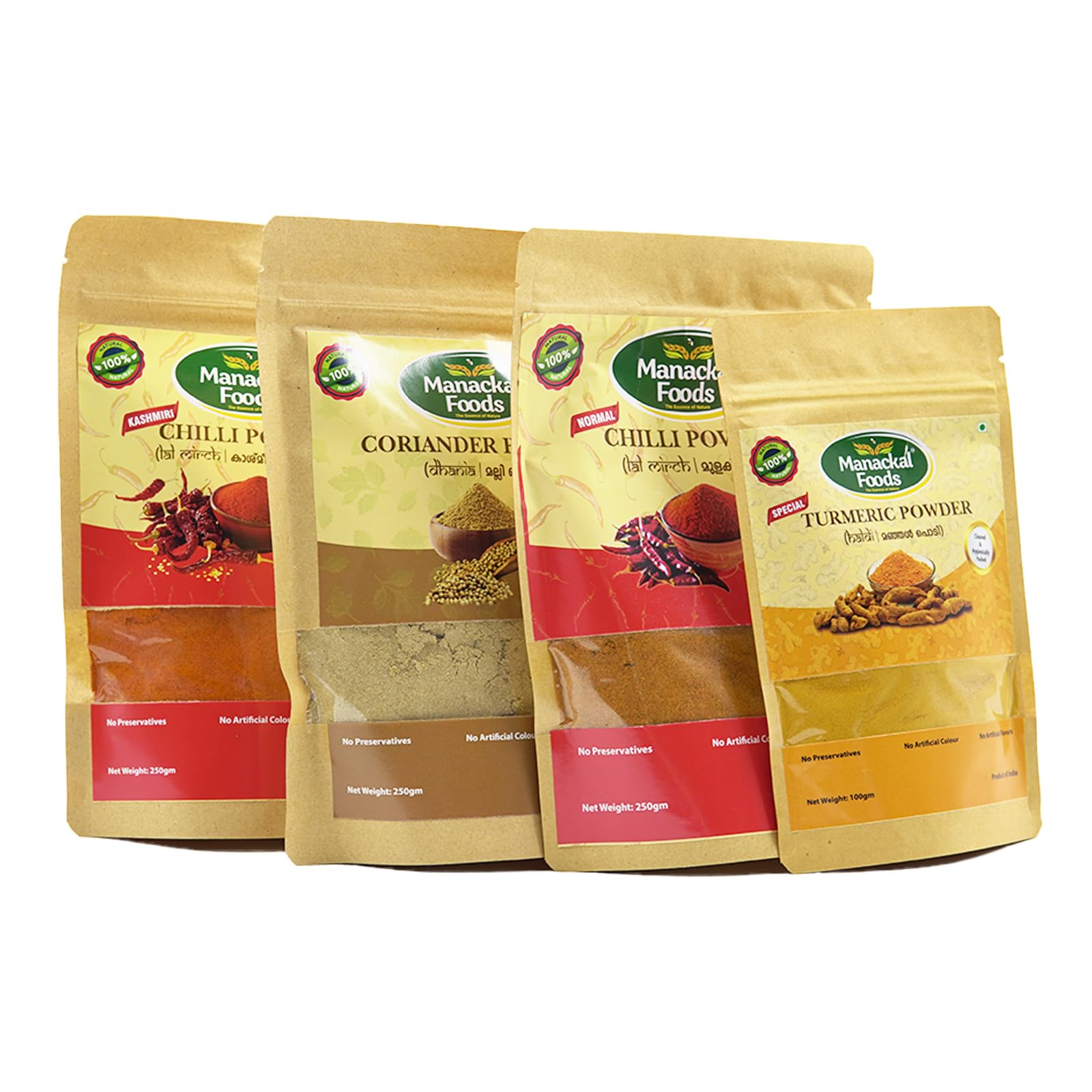 Manackal Foods Kitchen Essentials Spice Combo (Pack of 4) Pure & Natural Kashmiri Chilli Powder250g, Normal Red Chilli Powder250g, Coriander Powder-250g & Turmeric Powder-100g