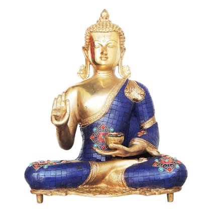 Brass Buddha With Lota Idol - Spiritual Home Temple Showpiece, Height : 15.3 Inch (BSMAS988 A)