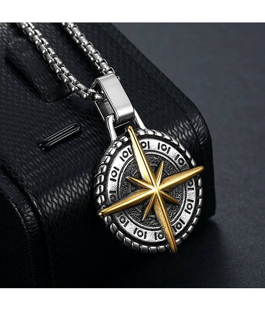 Thrillz Silver Chain Pendant For Men Round Pendant Cross Compass Necklace Chain For Men Boys Men's Jewellery Pendant Necklace Accessories