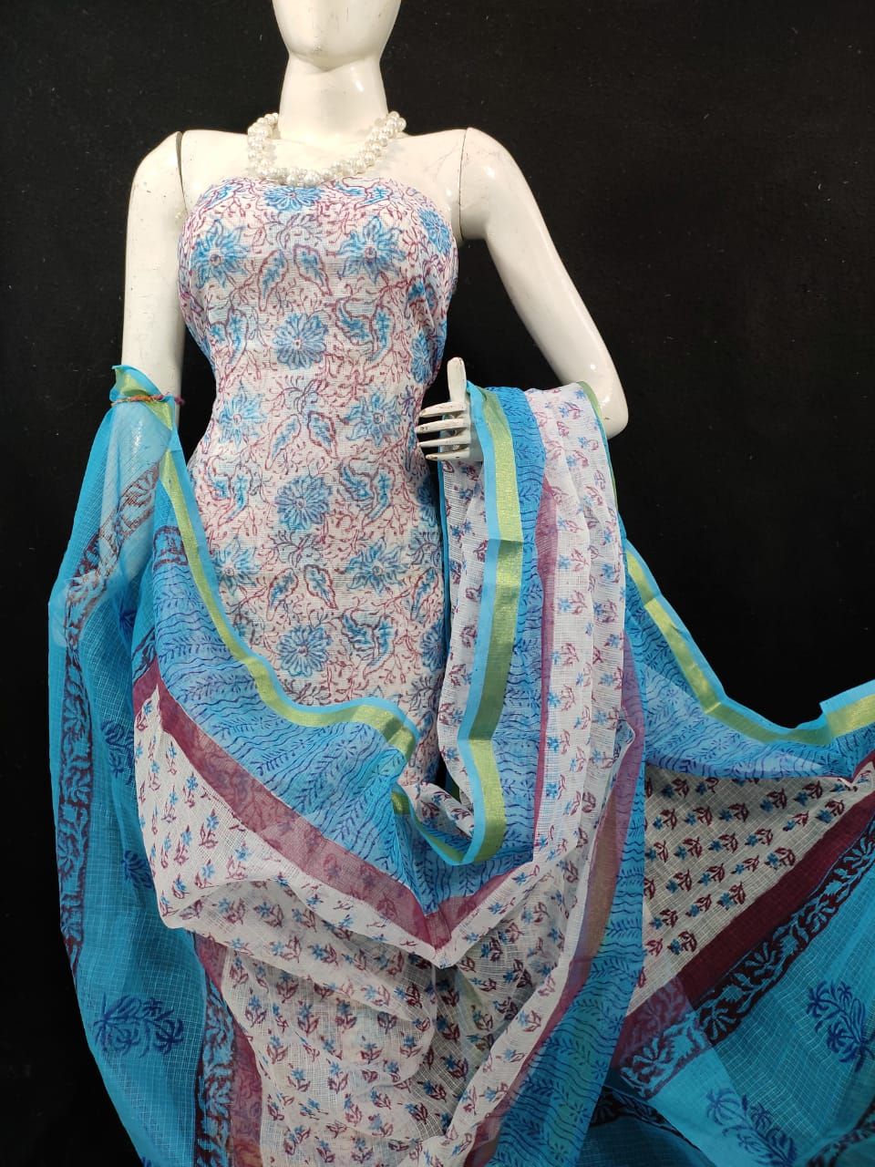 Elegant Kota Doria Blue Blockprinted Suit (Top+Dupatta+Bottom)