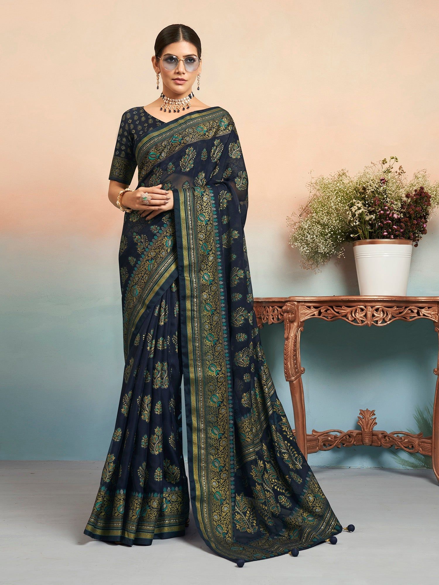 Navy Blue Poly Viscose Georgette Jacquard Butta Banarasi Saree