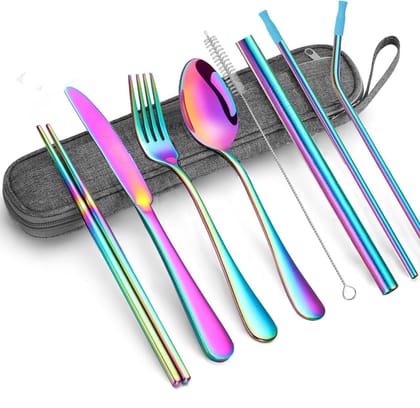 8-PCS Rainbow Cutlery Set | Colorful Portable Utensil Set | Reusable Silverware Cutlery for Outdoors, Travel, Camping | Stainless Steel Flatware and Dinnerware Set (Set of 1, Multicolor)