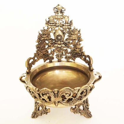 Brass Flower Urli with Peacock - Decorative Brass Bowl, Diameter : 8 Inch (BSMAS1143 A)