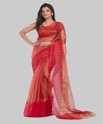 Peach red handwoven bengal silk saree