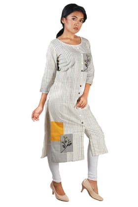 Women's Cotton Check Style, Round Neck, Criss Cross Apllique Work Kurta