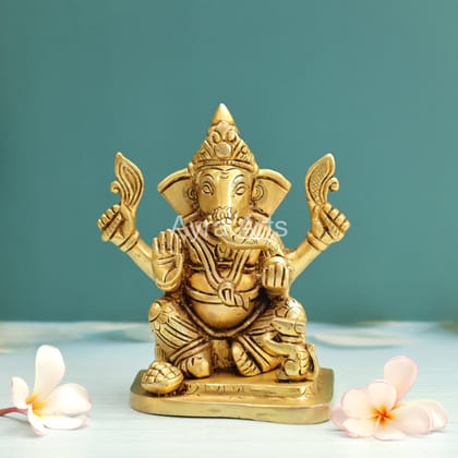 Brass Ganesh Idol With Prasadam And Mushika - 6 Inch Height Brass Ganesh Idol With Prasadam And Mushika - 6 Inch Height