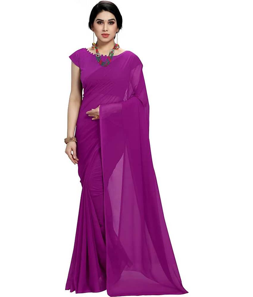 ANAND SAREES Georgette Solid Saree With Unstitched Blouse Piece ( Purple )
