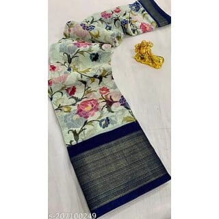 Dark BlueColour Flower Printed Cotton Saree With Blouse Piece
